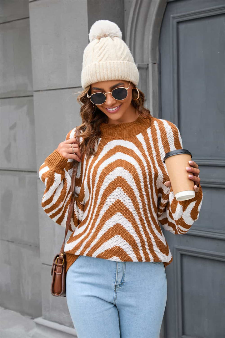 Sweater with Round Neck and Print - Azure-Caramel-S-The Livary