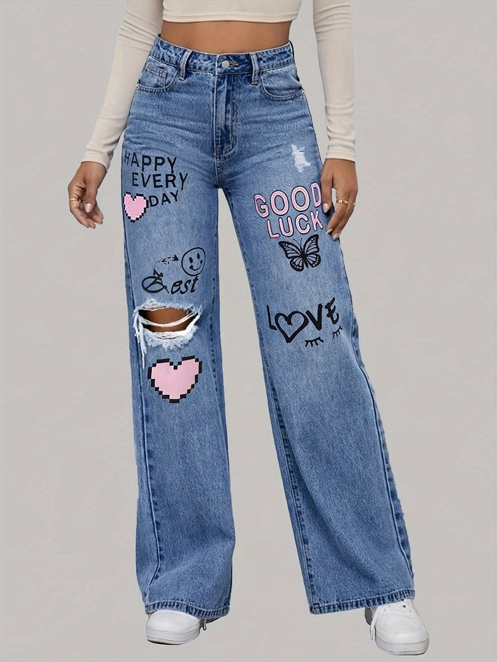Ladies Jeans with Hearts and Graffiti Print - Lotte-XS-Medium Blue-The Livary