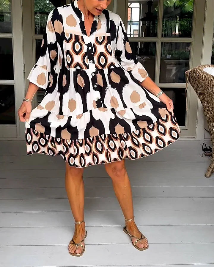Trendy short-sleeved dress with abstract print & loose fit – Liora-Brown-S-The Livary