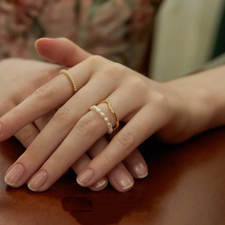 Double Layered Gold Ring with Freshwater Pearl - Ivy-The Livary