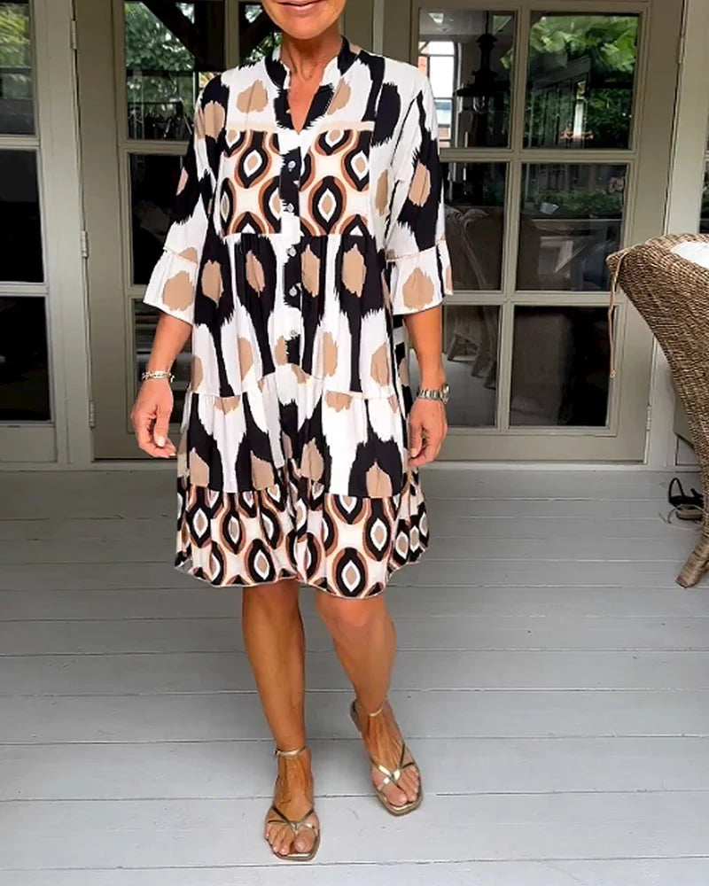 Trendy short-sleeved dress with abstract print & loose fit – Liora-Brown-S-The Livary