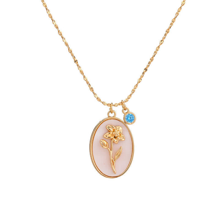 Birthstone with Birth Flowers Necklace - Aurora-March - Daffodil-The Livary