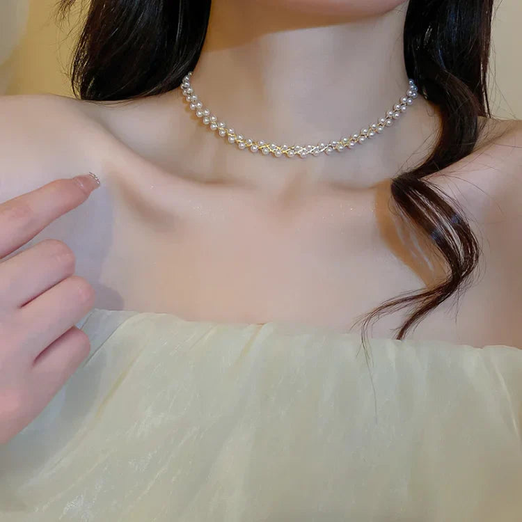 Double Crystals and Pearls Necklace - Amira-Black Crystal-The Livary