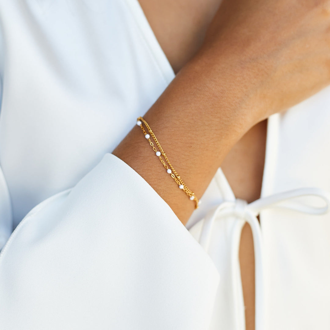 Double White Bead Bracelet for Women - Liora-Gold-The Livary