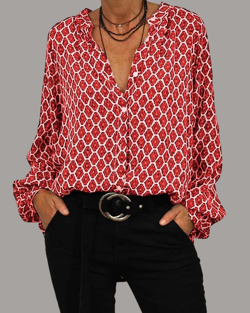 V-Neck Blouse with Long Sleeves - Elena-Red-XS-The Livary