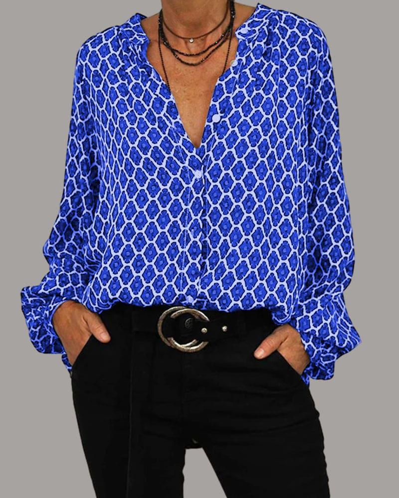 V-Neck Blouse with Long Sleeves - Elena-Blue-XS-The Livary