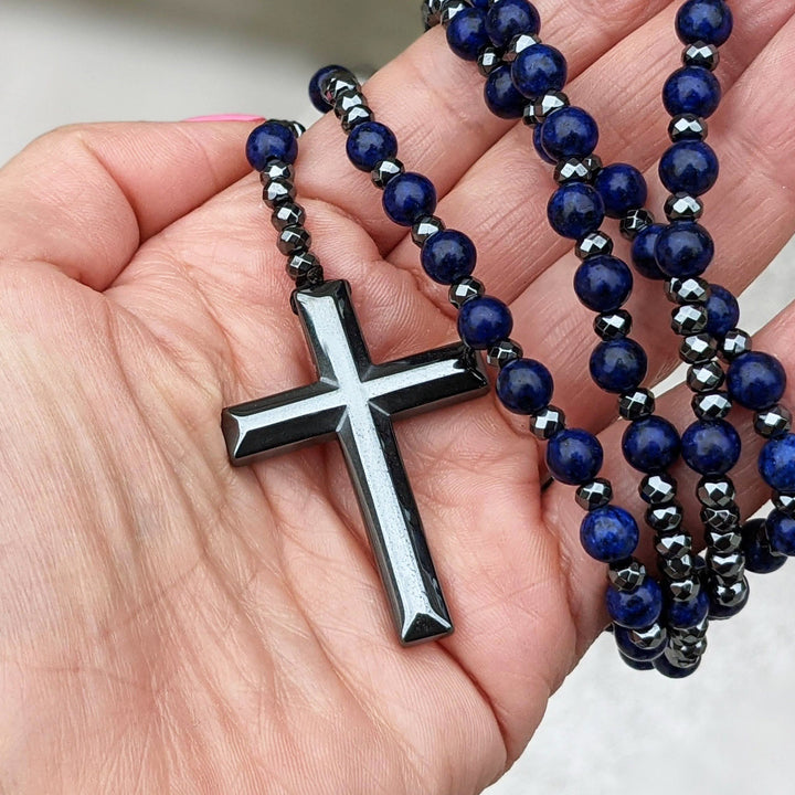 Tiger Eye and Lapis Lazuli Cross Rosary Necklace for Men - Orion-Tiger's eye-The Livary