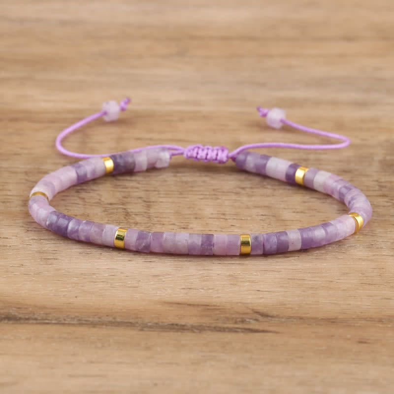 Braided Bracelet with 2.4 mm Natural Stone Rollers - Seraphina-Lepidolite & Gold-The Livary