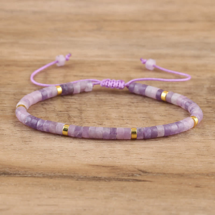 Braided Bracelet with 2.4 mm Natural Stone Rollers - Seraphina-Lepidolite & Gold-The Livary