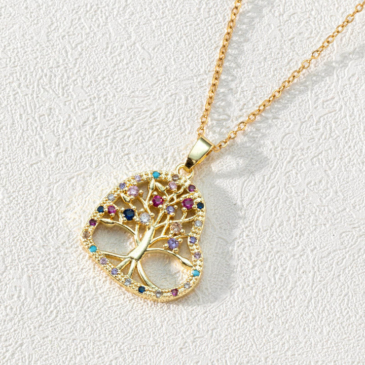 Zirconia Round Hollow Tree of Life Pendant - Necklace - Luna-Heart-shaped Colourful Zircon & Tree of Life-The Livary