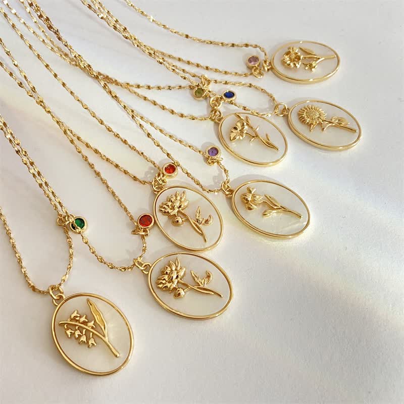 Birthstone with Birth Flowers Necklace - Aurora-January - Carnation-The Livary
