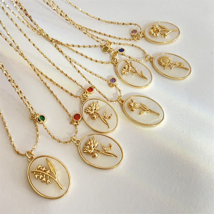 Birthstone with Birth Flowers Necklace - Aurora-January - Carnation-The Livary