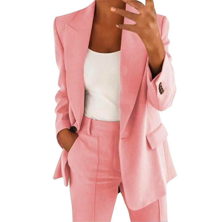 Ladies' Suit Set with Blazer and Trousers in Plain Colour - MiraSet-Pink-S-The Livary