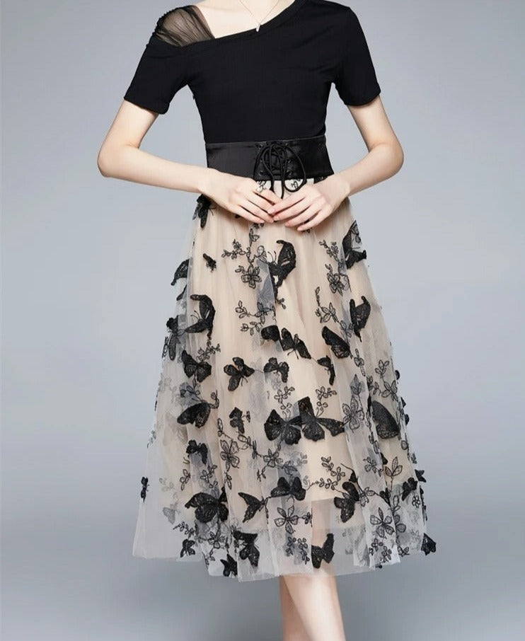 Stylish midi dress made of mesh with embroidery & flounce sleeves – Maila-S-The Livary