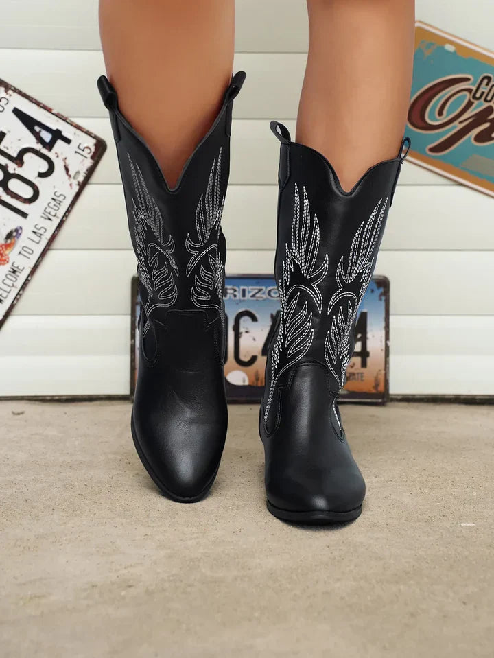 PU Leather Ladies Cowboy Boots with Soft Lining - Clara-Black-3.5-The Livary