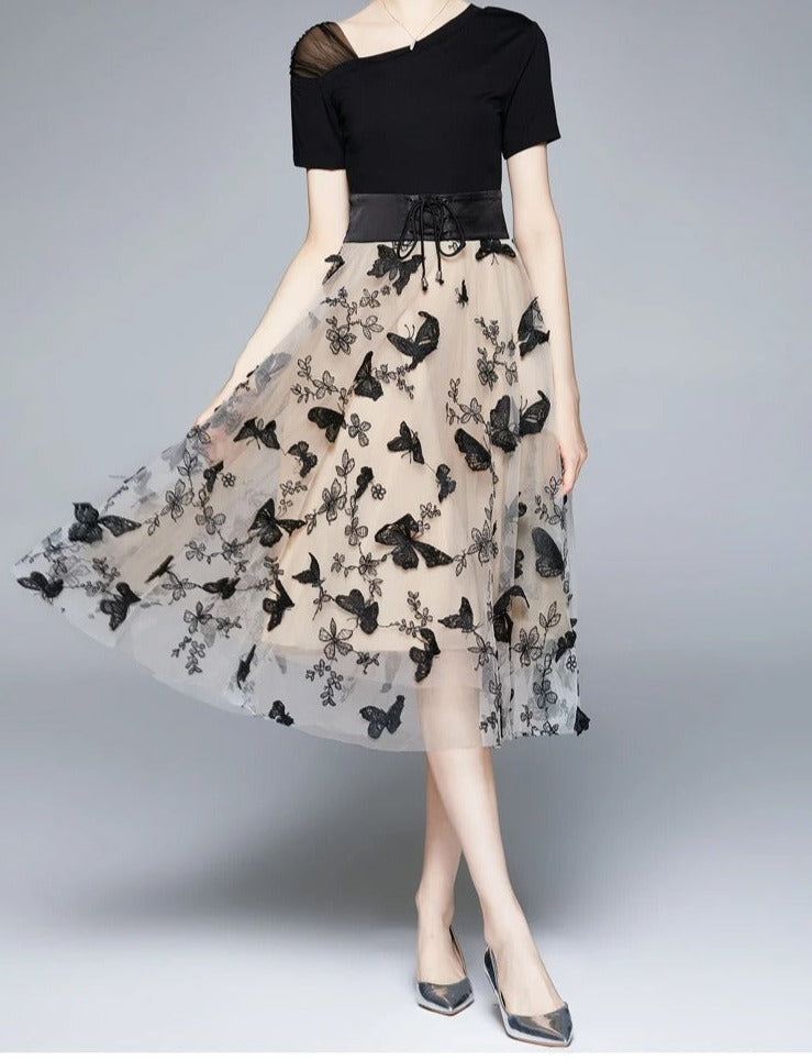 Stylish midi dress made of mesh with embroidery & flounce sleeves – Maila-S-The Livary