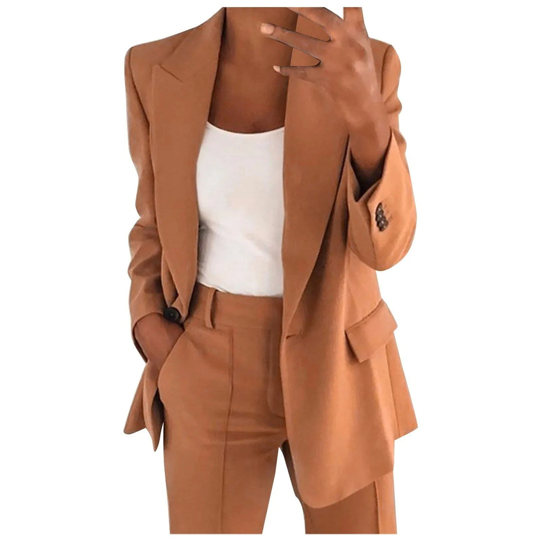 Ladies' Suit Set with Blazer and Trousers in Plain Colour - MiraSet-Khaki-S-The Livary