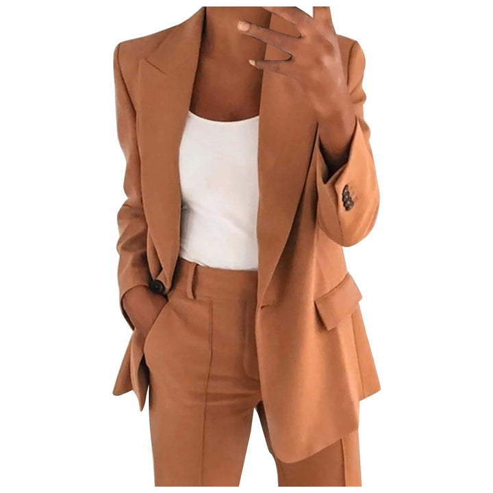 Ladies' Suit Set with Blazer and Trousers in Plain Colour - MiraSet-Khaki-S-The Livary