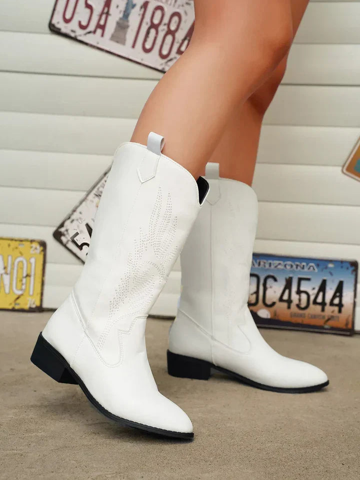 PU Leather Ladies Cowboy Boots with Soft Lining - Clara-White-3.5-The Livary