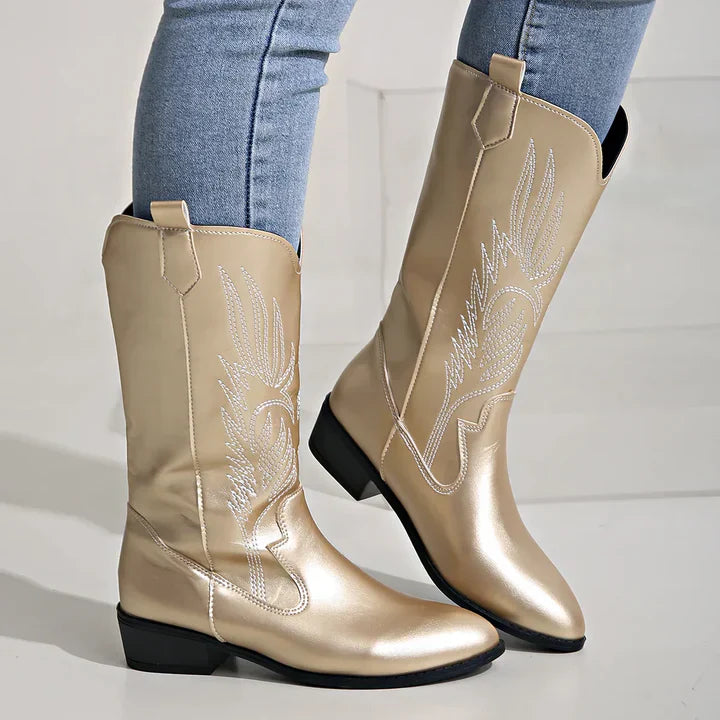 PU Leather Ladies Cowboy Boots with Soft Lining - Clara-Gold-3.5-The Livary