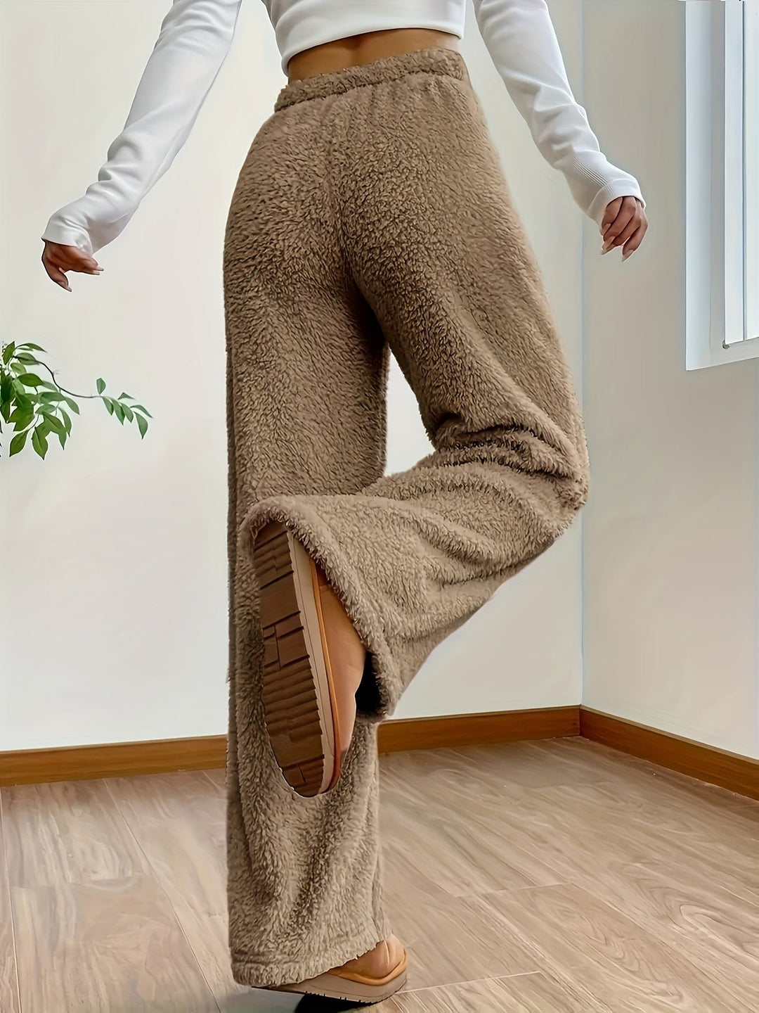 Soft Teddy Sherpa Lounge Pants for Ladies – Noémie-Beige-S-The Livary