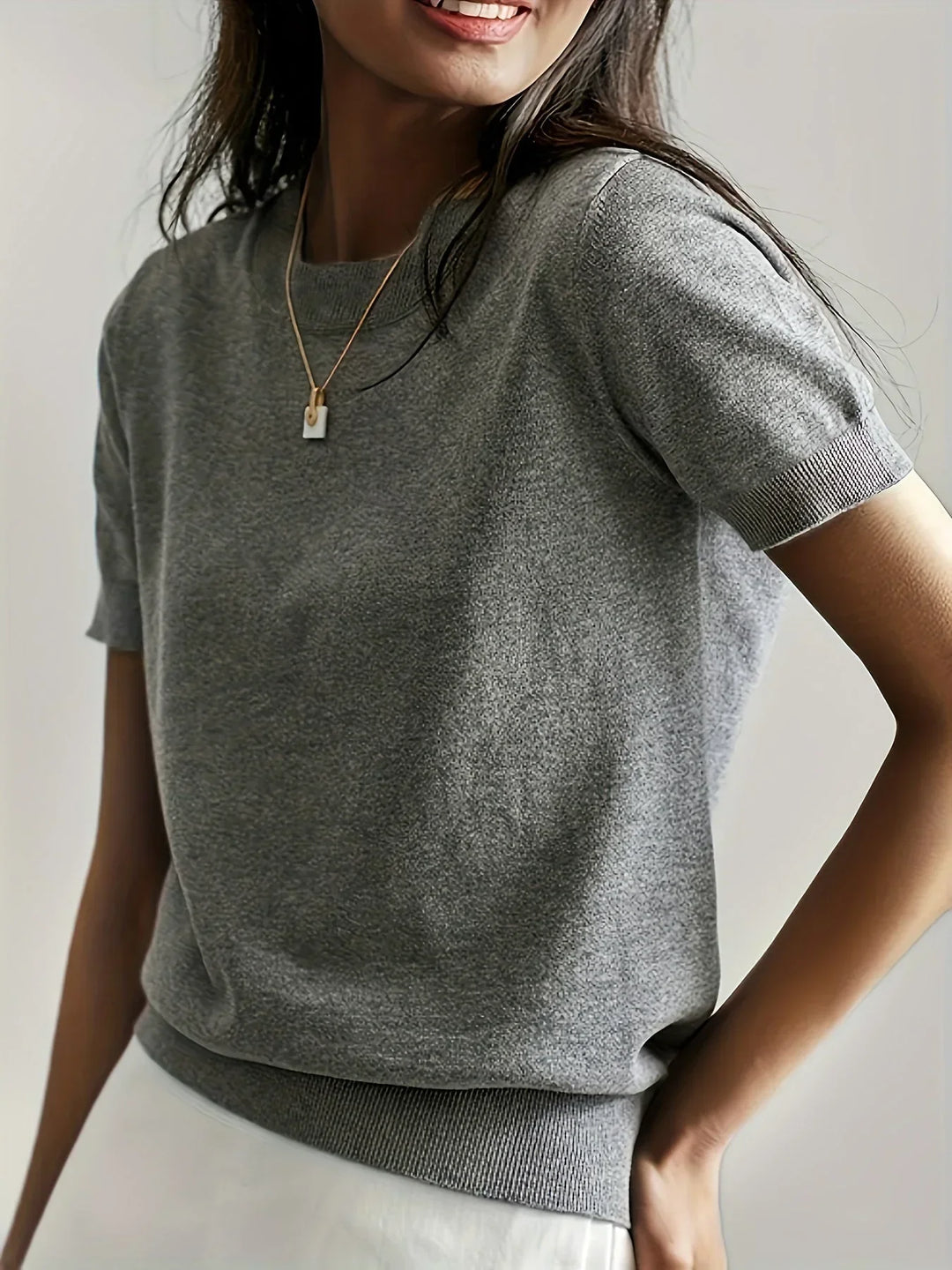 Ladies Short Sleeve Spring Sweater – Mila-Gray-XS-The Livary