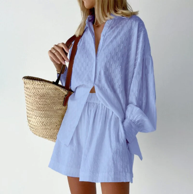 2-Piece Summer Set with Blouse and Shorts – Isla-Light blue-XS-The Livary