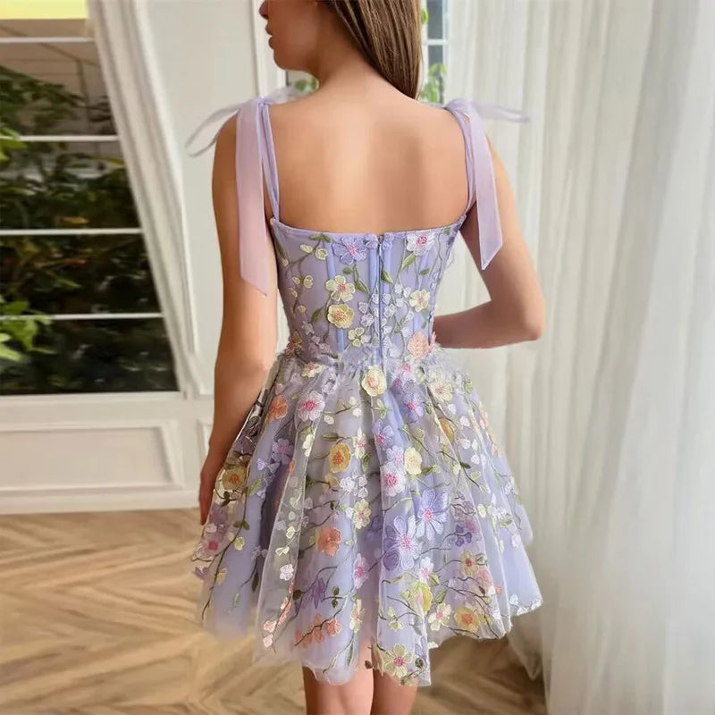 Tulle Cocktail Dress with Floral Appliqués - Rosalie-Purple-XS-The Livary
