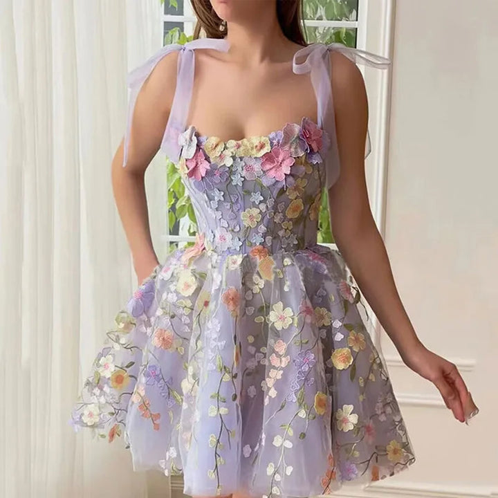 Tulle Cocktail Dress with Floral Appliqués - Rosalie-Purple-XS-The Livary