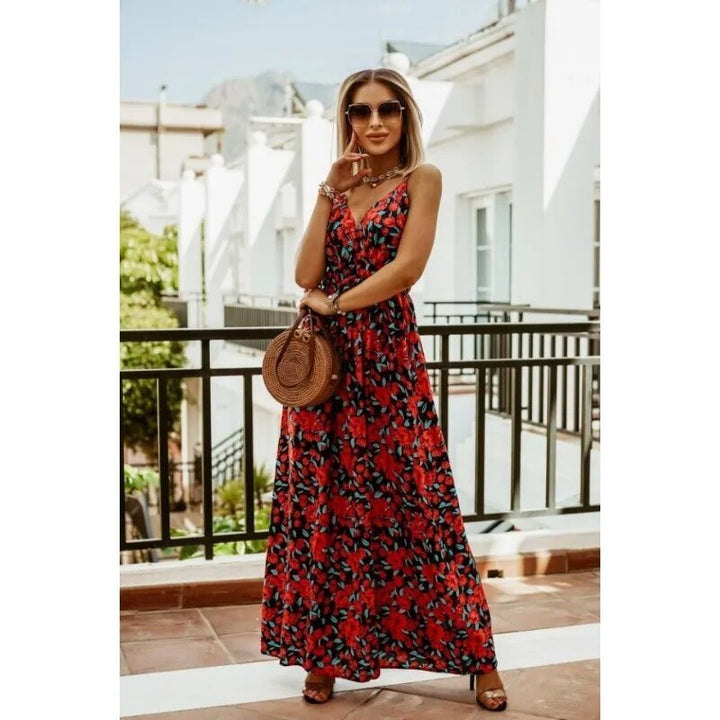 Boho maxi dress with floral pattern for summer - Yara-Red-S-The Livary