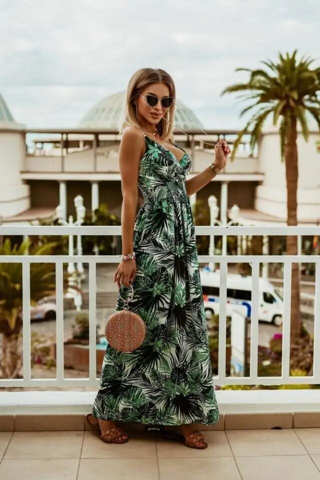 Boho maxi dress with floral pattern for summer - Yara-Green-S-The Livary