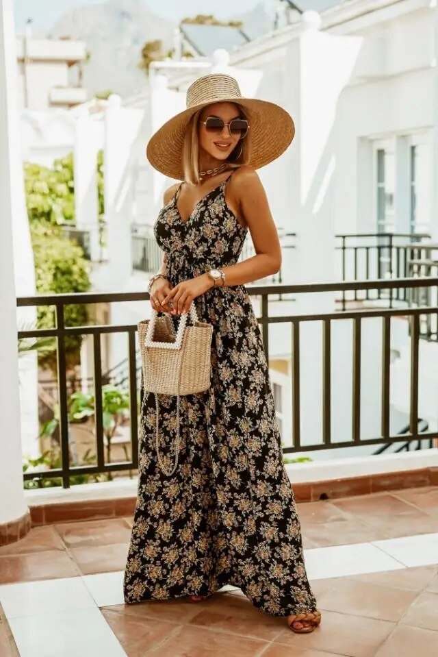 Boho maxi dress with floral pattern for summer - Yara-Black-S-The Livary