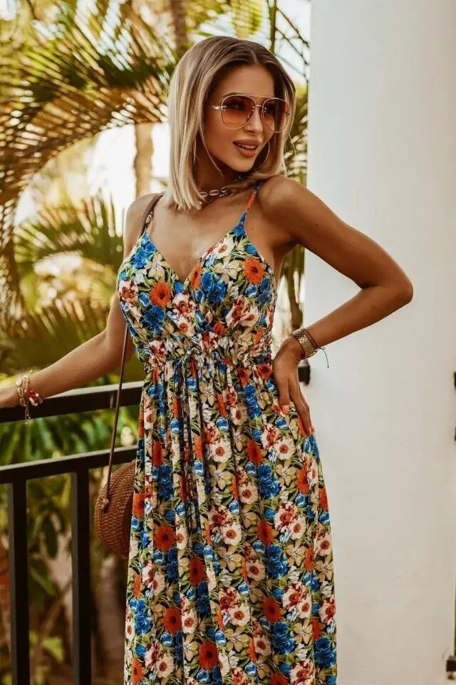 Boho maxi dress with floral pattern for summer - Yara-Orange-Blue-S-The Livary
