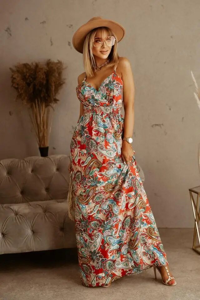 Boho maxi dress with floral pattern for summer - Yara-Orange-S-The Livary