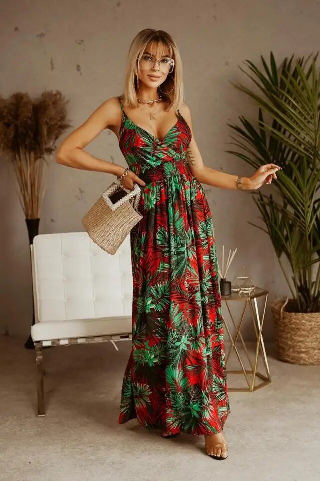 Boho maxi dress with floral pattern for summer - Yara-Green-Red-S-The Livary