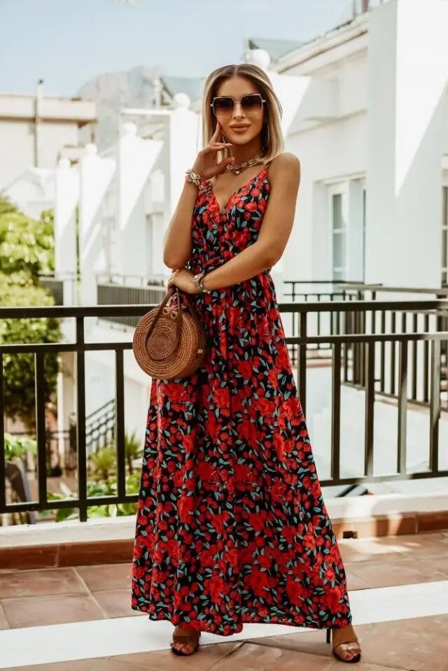 Boho maxi dress with floral pattern for summer - Yara-Red-S-The Livary