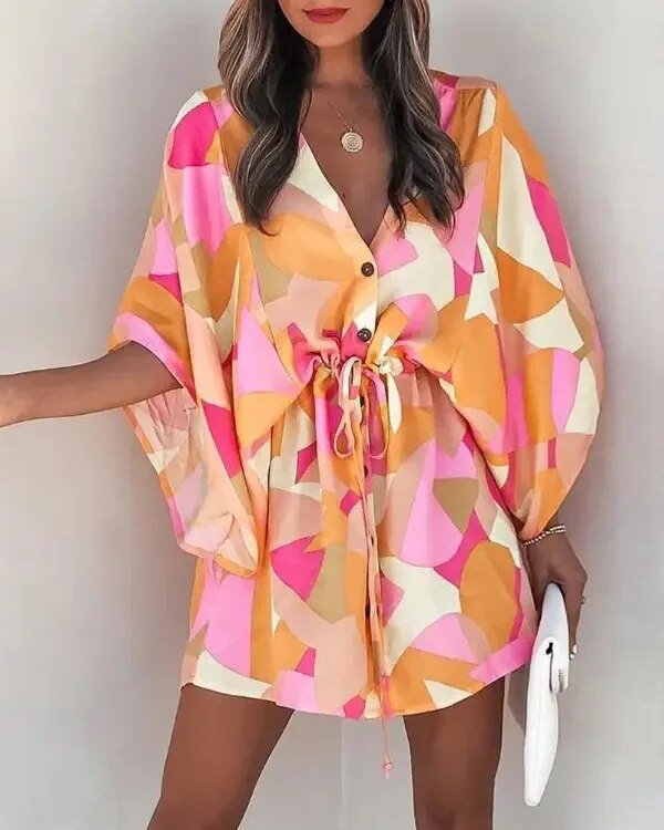 Summer dress with V-neck and ruffle sleeves – Amira-E-S-The Livary