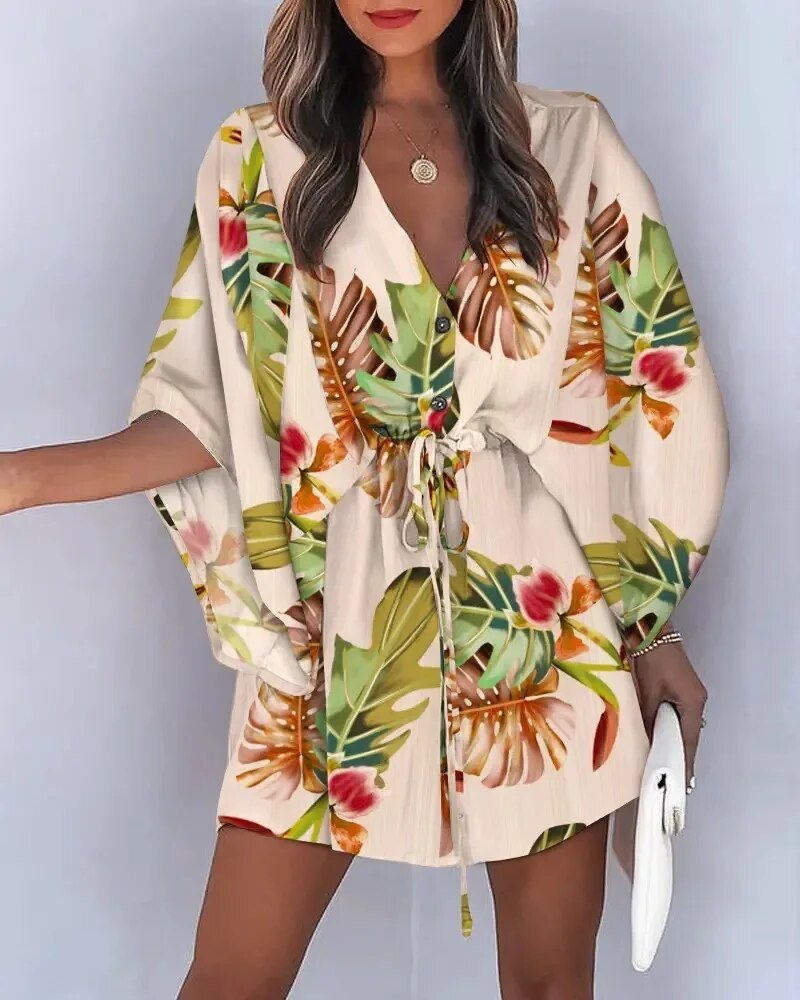 Summer dress with V-neck and ruffle sleeves – Amira-G-S-The Livary