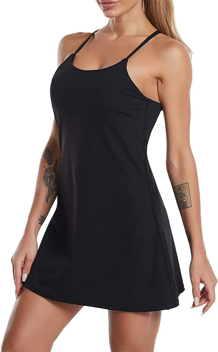 Active sports dress with integrated shorts and pockets – Liana-Black-XS-The Livary