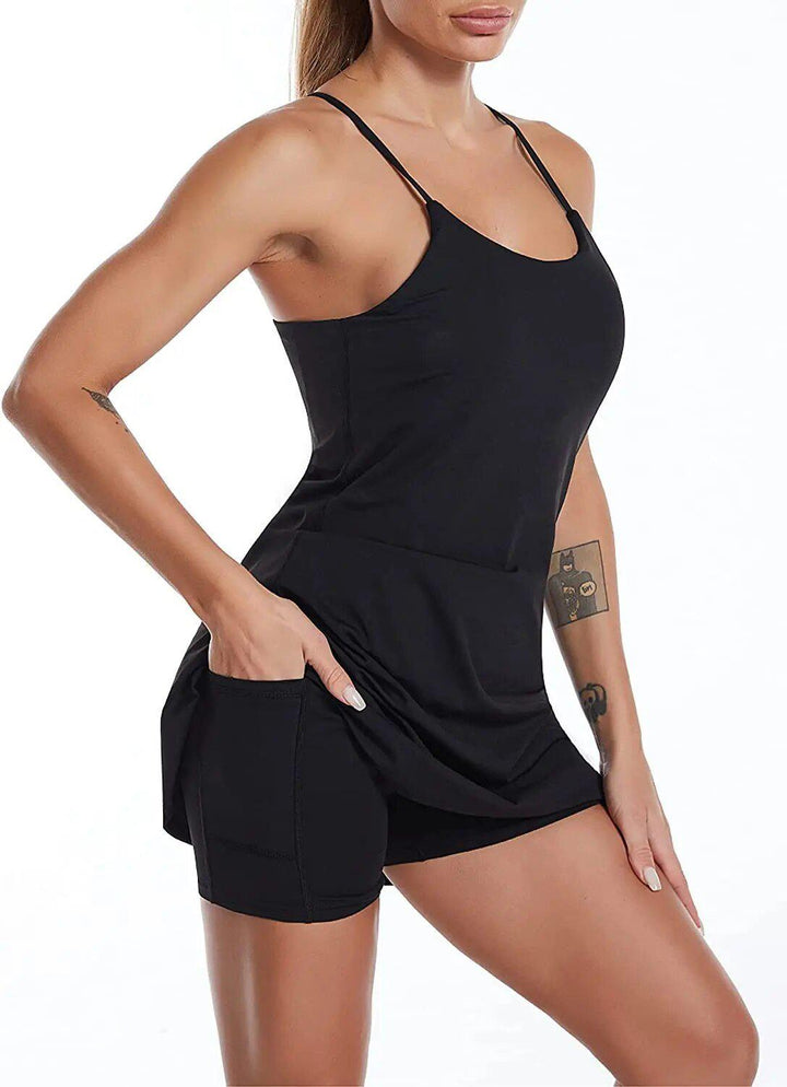 Active sports dress with integrated shorts and pockets – Liana-Black-XS-The Livary