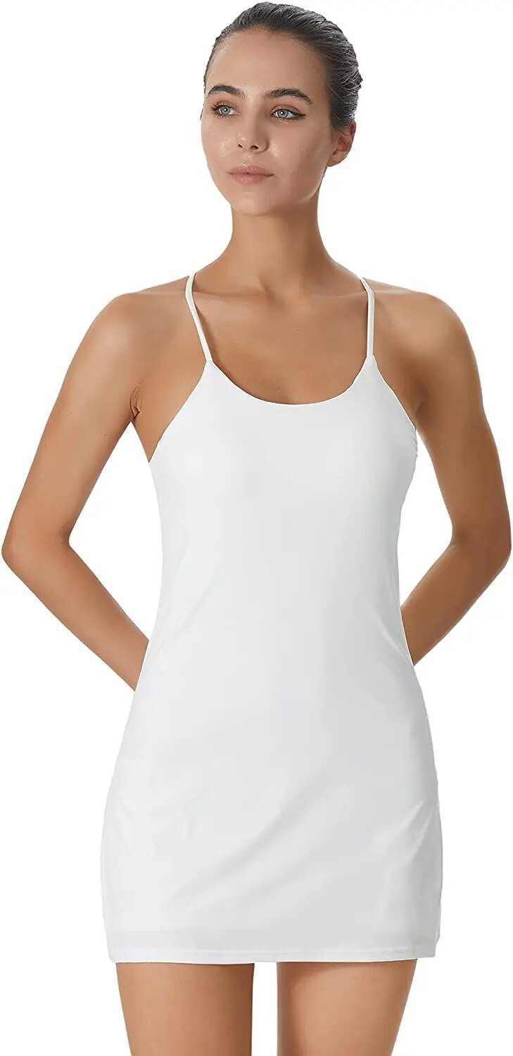 Active sports dress with integrated shorts and pockets – Liana-White-XS-The Livary