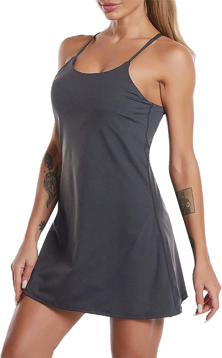 Active sports dress with integrated shorts and pockets – Liana-Gray-XS-The Livary
