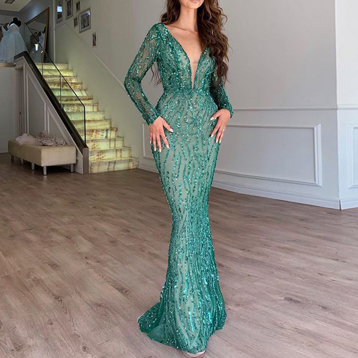 Ankle-Length Sequin Dress with Long Sleeves - Camille-S-The Livary