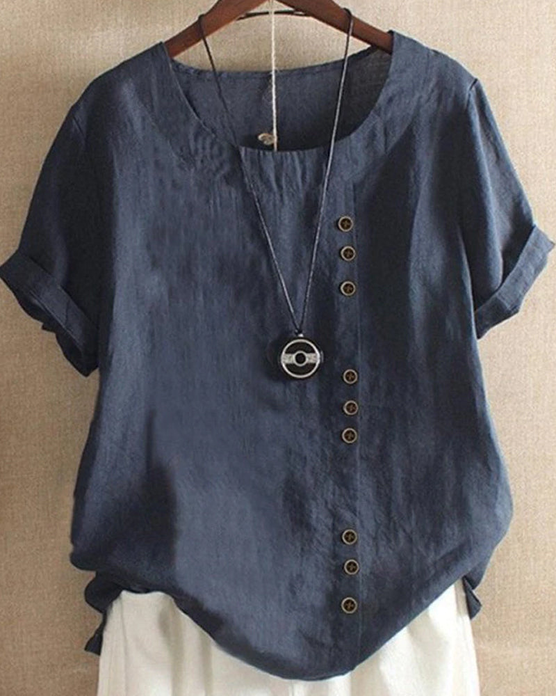 Classic Plain T-shirt with Short Sleeves and Round Neck - Emma-Blue-S-The Livary