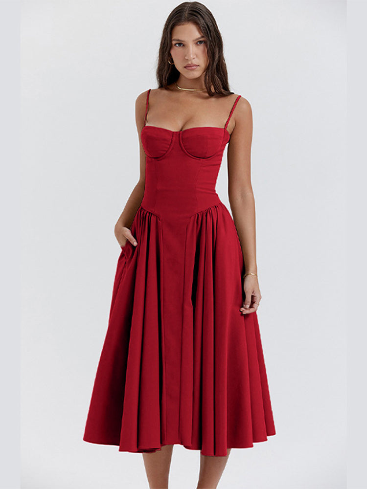 Elegant midi evening dress with pleated hem – Amara-Red-S-The Livary