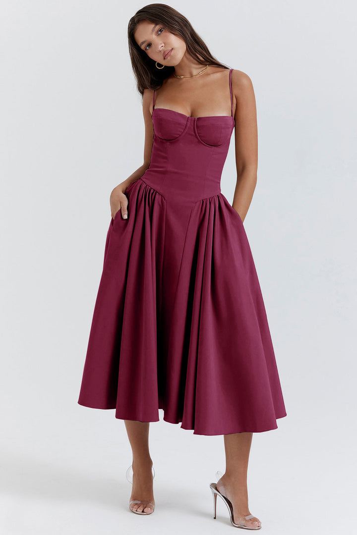 Elegant midi evening dress with pleated hem – Amara-Dark red-S-The Livary