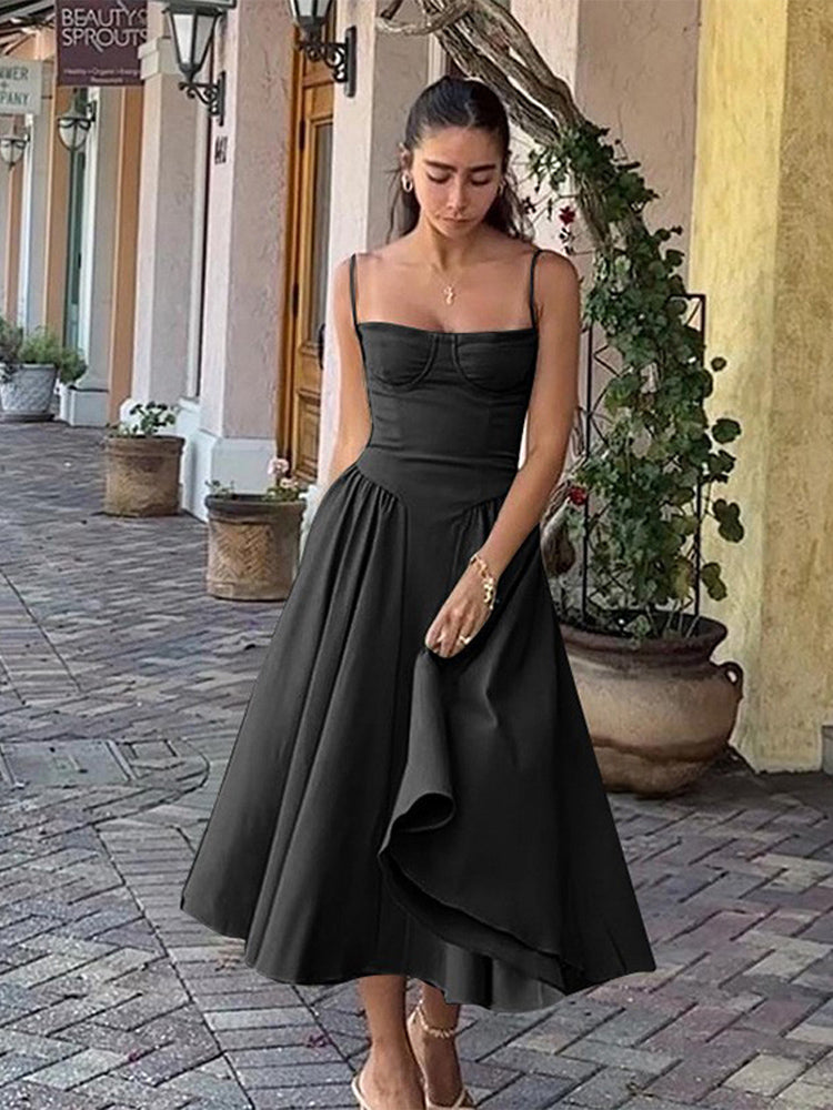 Elegant midi evening dress with pleated hem – Amara-Black-S-The Livary