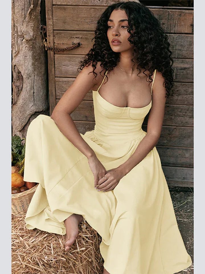 Elegant midi evening dress with pleated hem – Amara-Yellow-S-The Livary