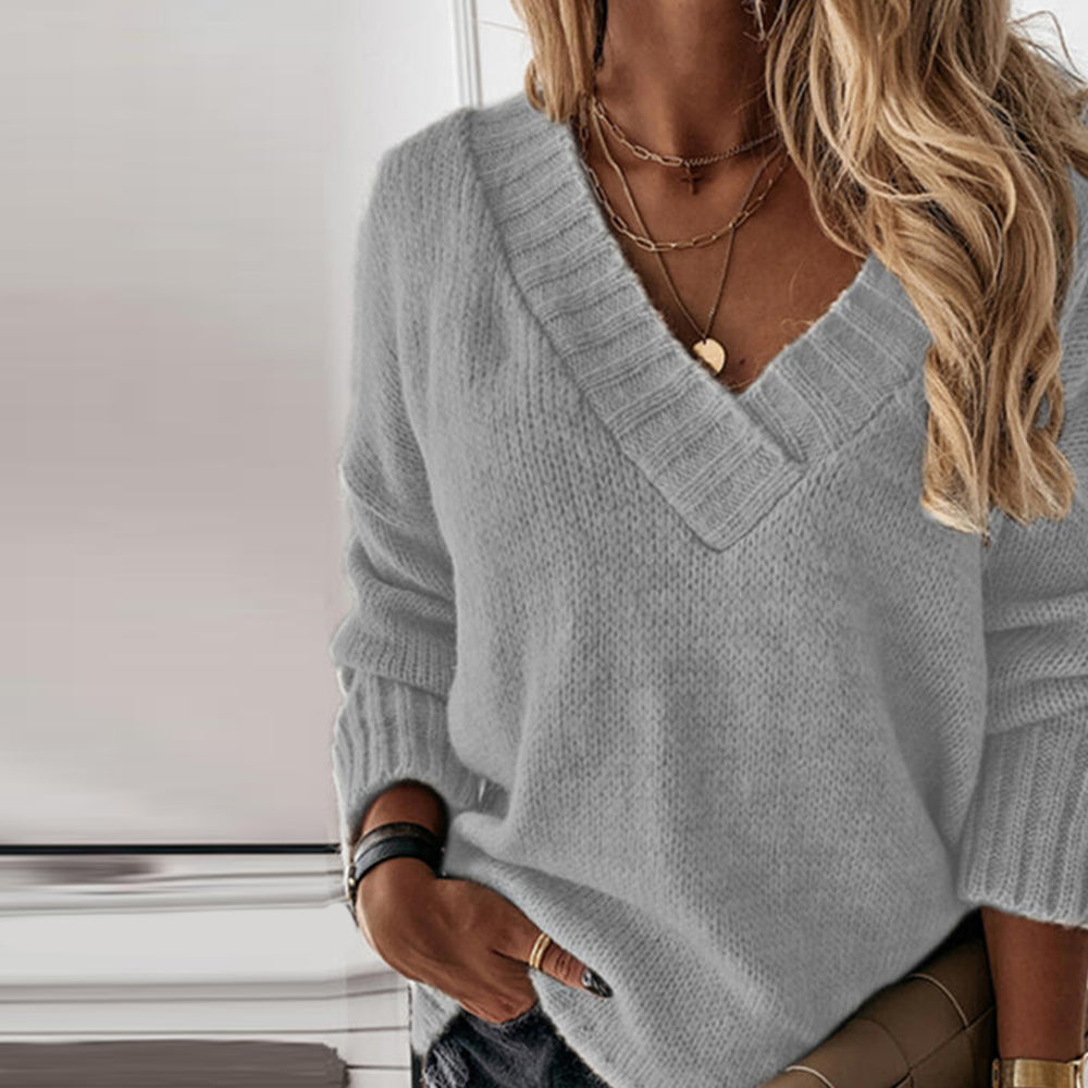 Lightweight V-neck Knitted Sweater - Isabelle-Gray-S-The Livary