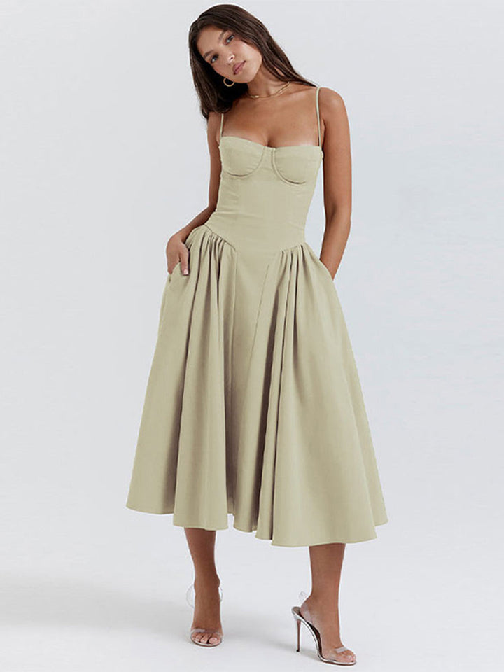 Elegant midi evening dress with pleated hem – Amara-Cream-S-The Livary